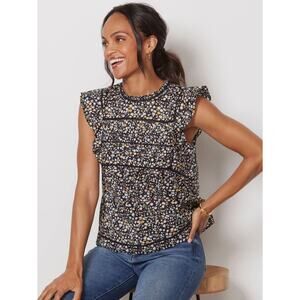 Rails Filomena Lace Inset Floral Pleated Top Black XS